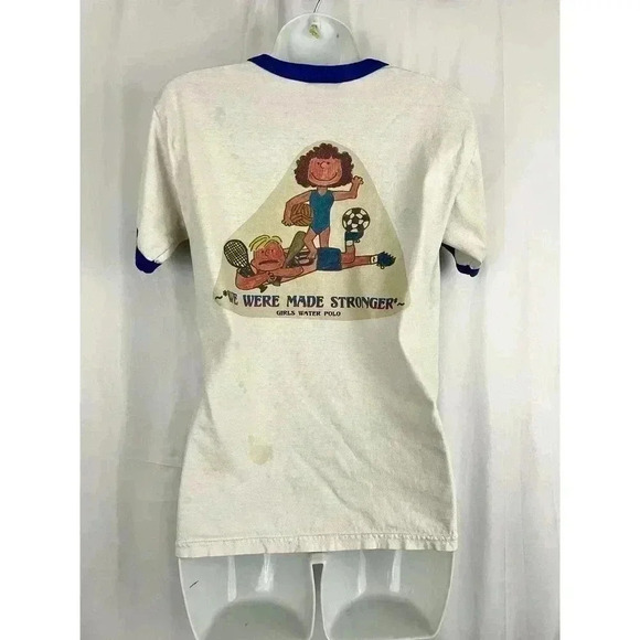 VTG Girls Water Polo T-Shirt SMALL We Were Made Stronger Retro STAINS - Picture 2 of 12
